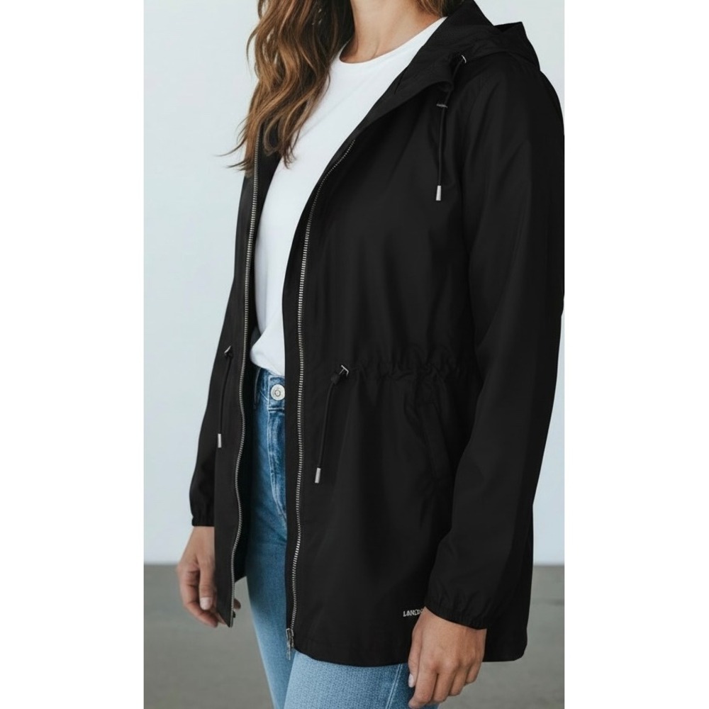 Lands End Womens Black Packable Rain Jacket Hooded Windbreaker NWT Small